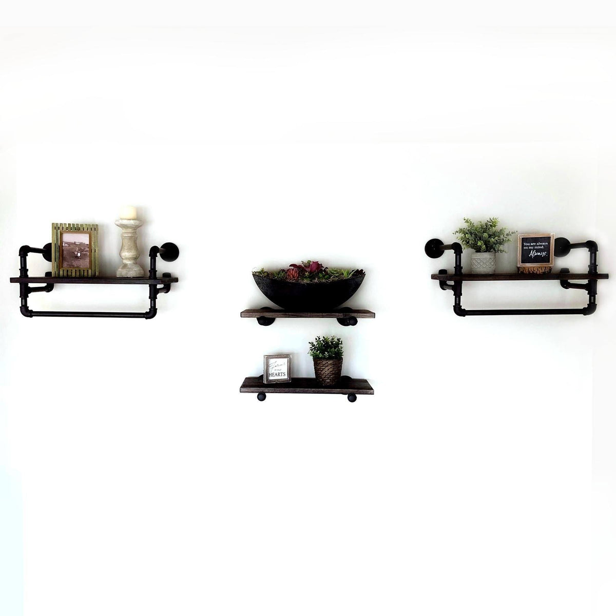Bronze Metals and Brown Wood 4-Piece Wall Shelf Bundle M5615