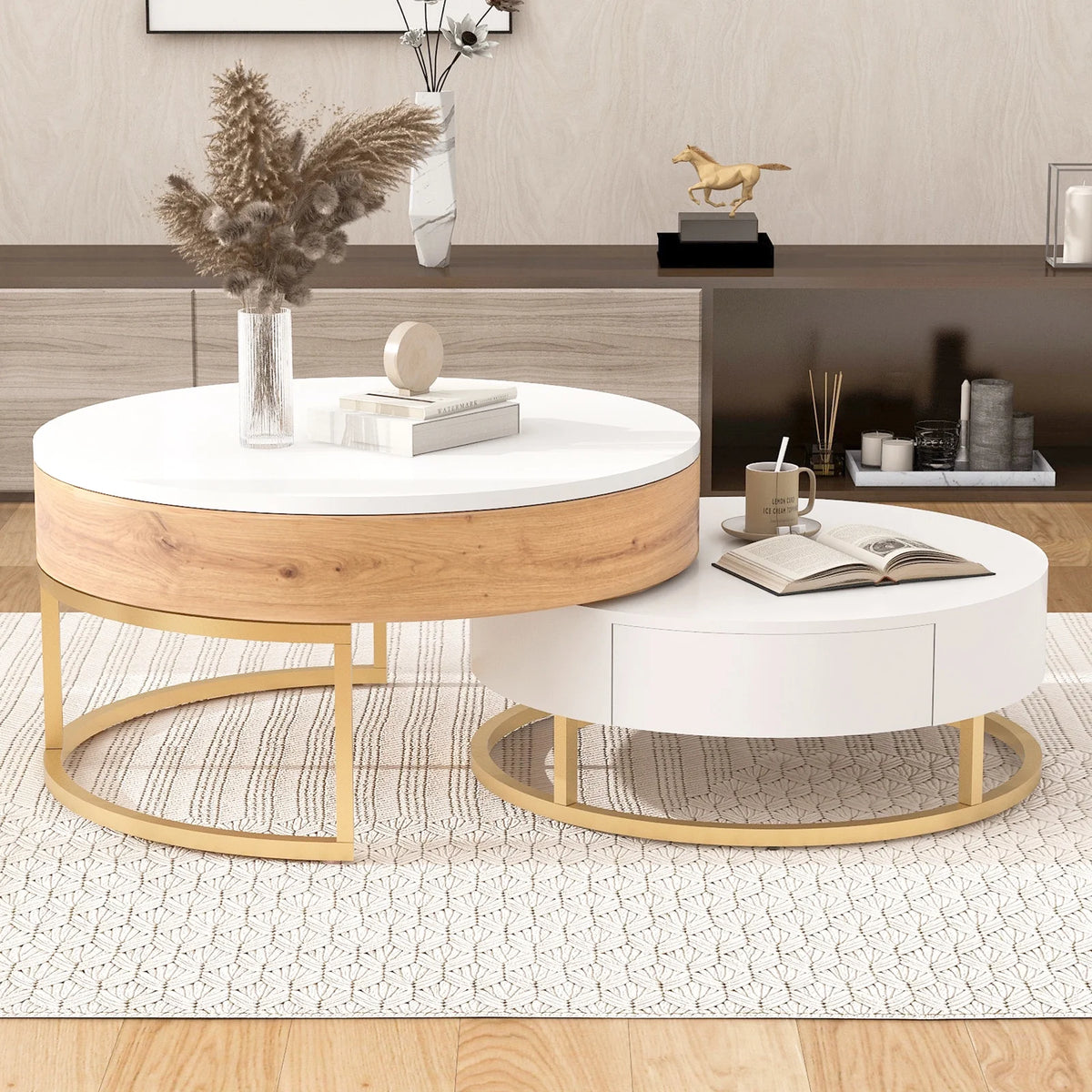 Round Lift-top Nesting Coffee Tables with 2 Drawers S826881