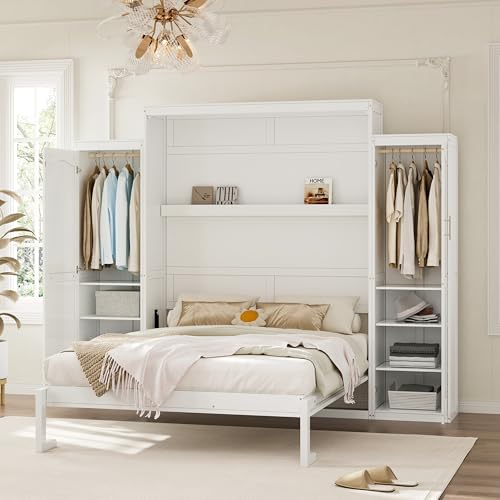 Queen Size White Murphy Bed with Wardrobe and Storage Shelf E909809