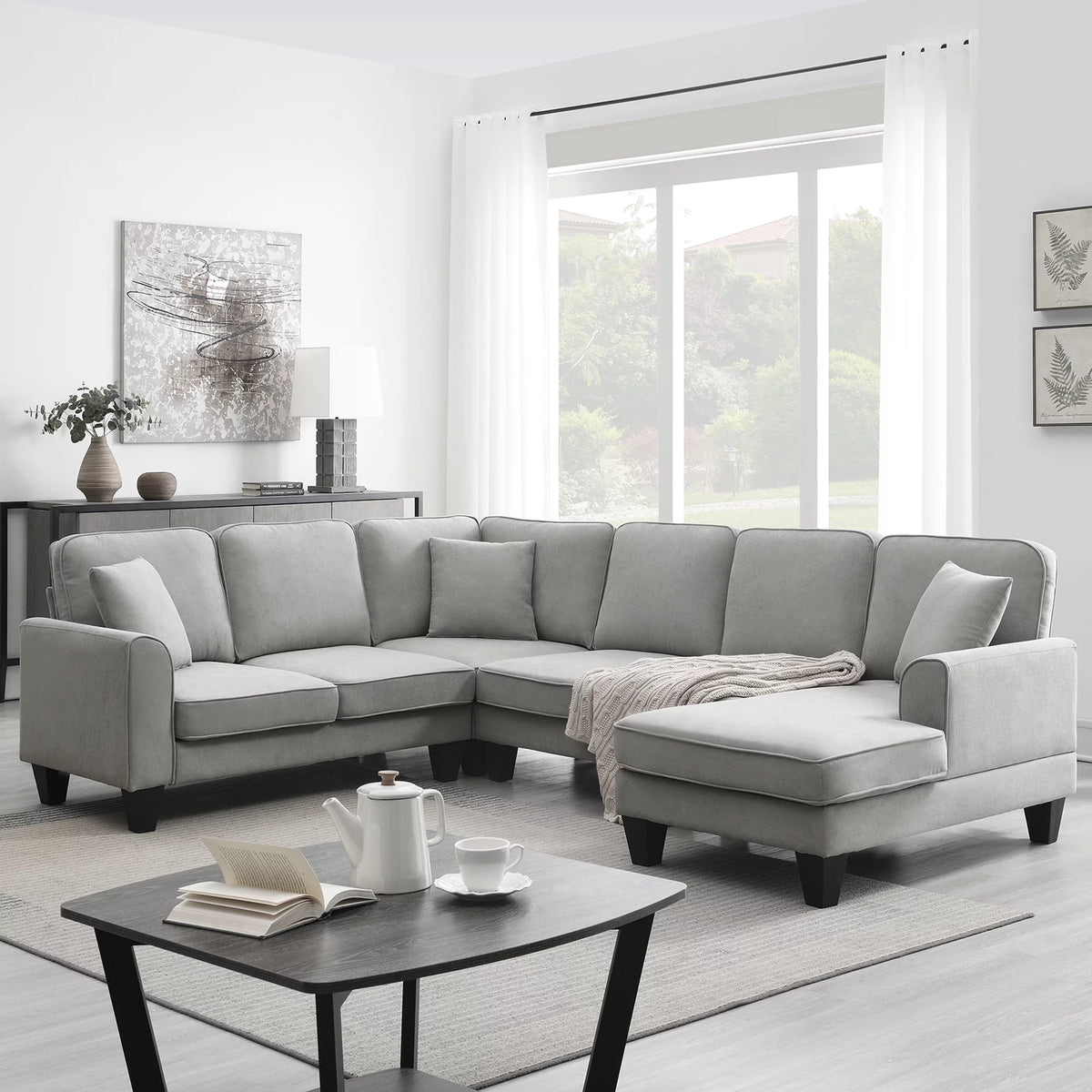 7 Seat Fabric U Shape Sectional Sofa with 3 Pillows Y42782