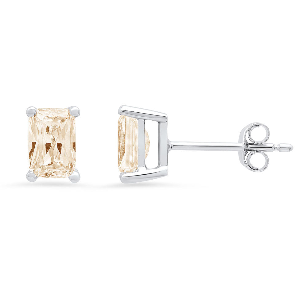 18K White Gold Emerald Cut Solitaire Stud Earrings I1545