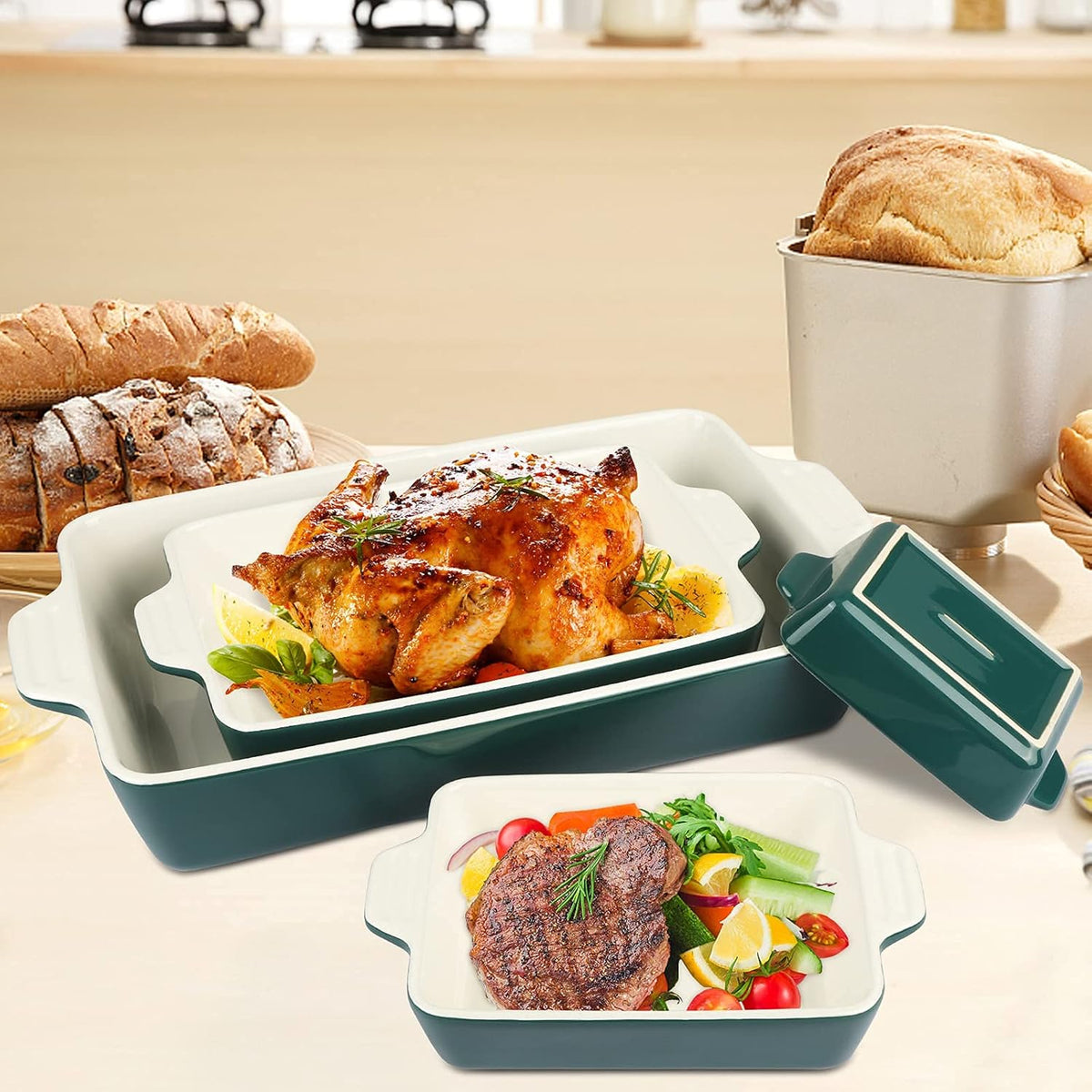 Ceramic Baking Dish Set of 4 Pcs, Rectangular Porcelain Bakeware, 14.7 x 8.5 x 2.6 Inches P871