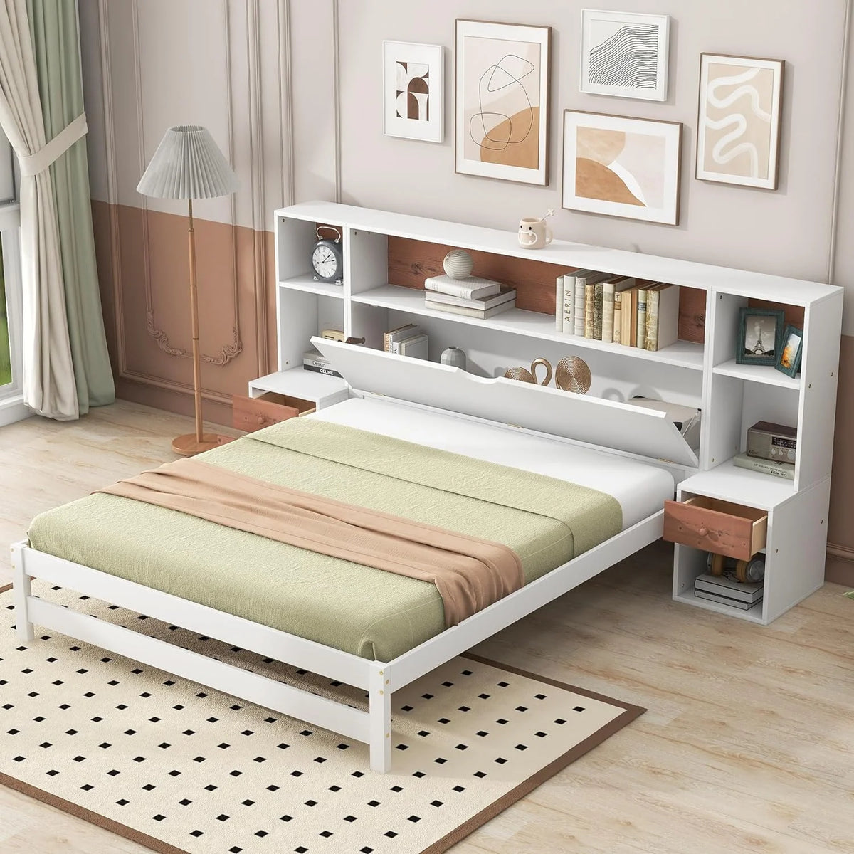 White Full Size Platform Bed with Bookcase Headboard and Storage Drawers J192