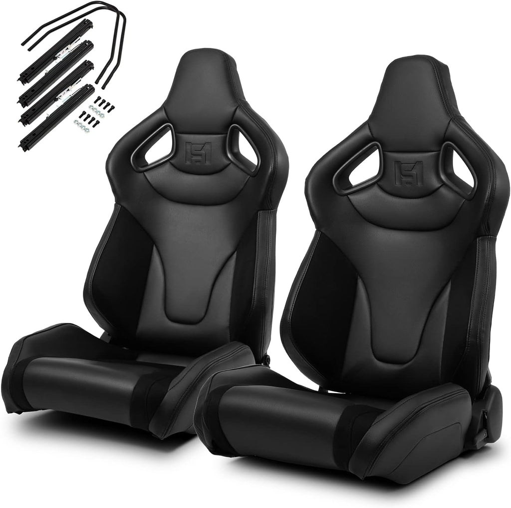 1 Pair Universal Black Carbon Fiber Leather PVC Racing Seats with Slider Y537987