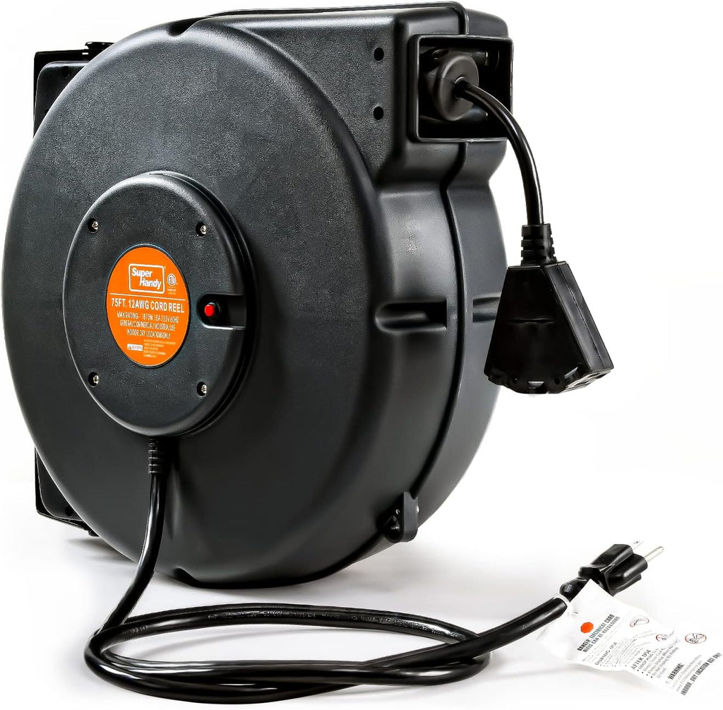 Extension Cord Reel Retractable 12AWG x 75' Feet Cable with Triple Tap Connector C83301