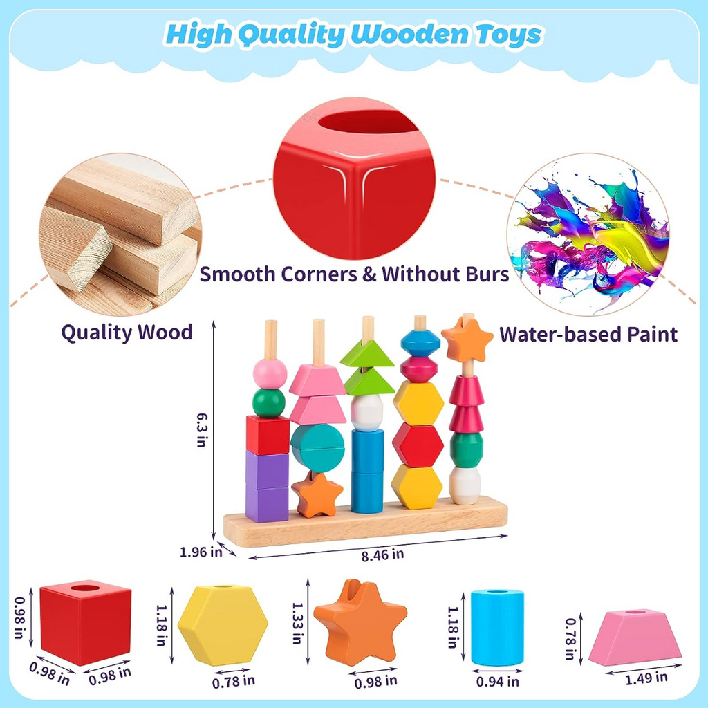 Wooden Bead Sequencing Toy Set Stacking Blocks Lacing Beads Matching Shape Colors Stacker Montessori Toys C2607