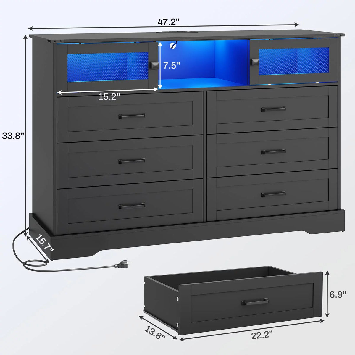 Black 6 Drawer Wood Dresser with 2 Sliding Doors U79508