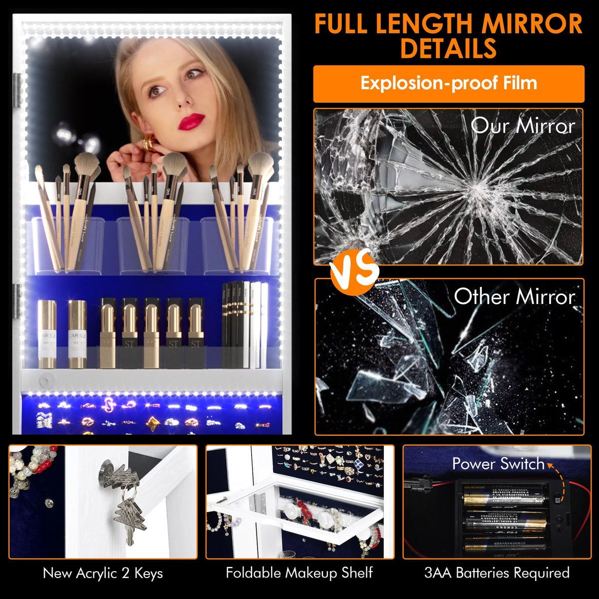 360° Rotating LED Jewelry Armoire with Full Length Mirror D84258