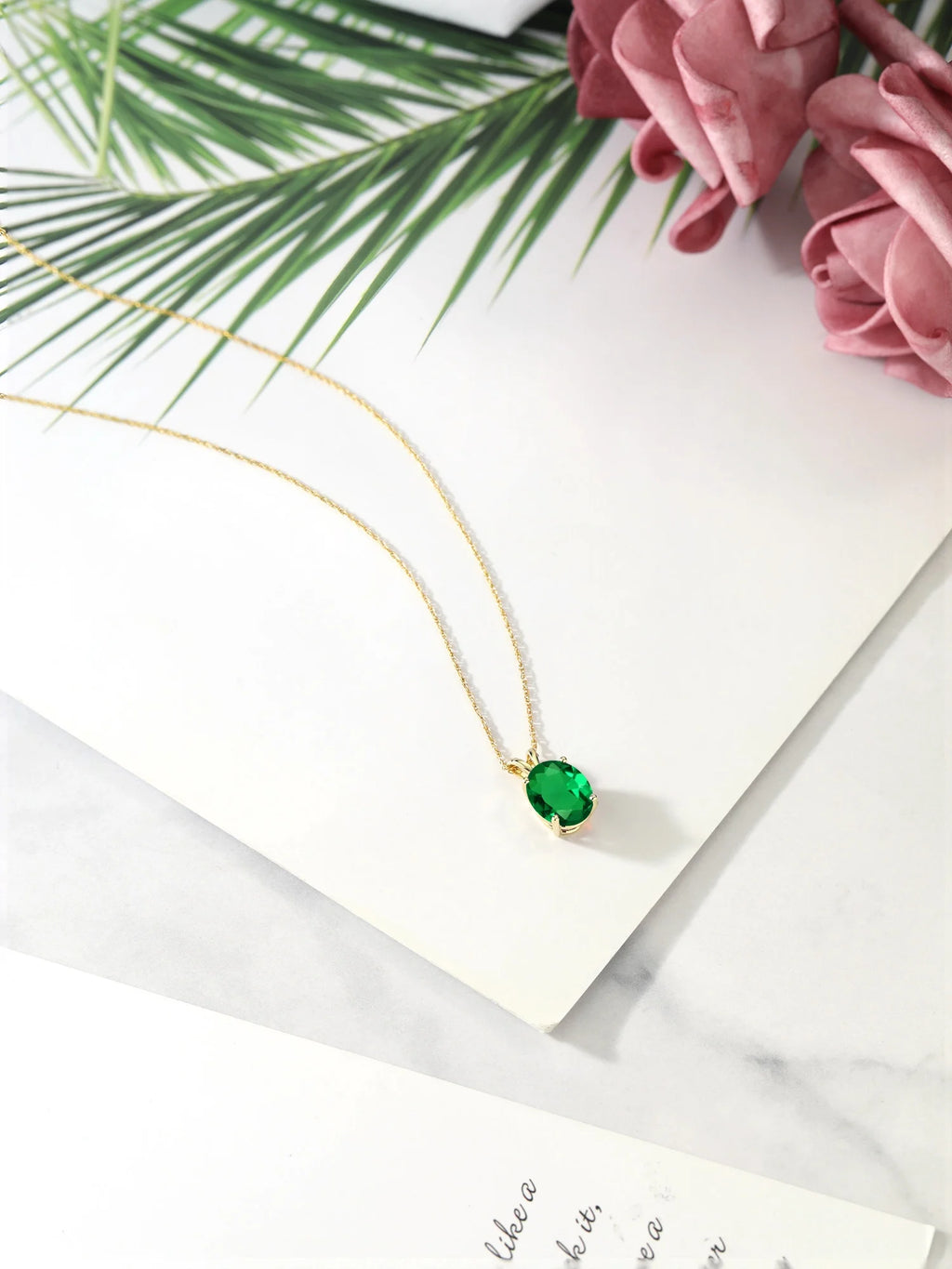 14K Yellow Gold Green Nano Emerald Solitaire Pendant Necklace with 18 inch Silver Chain N8026