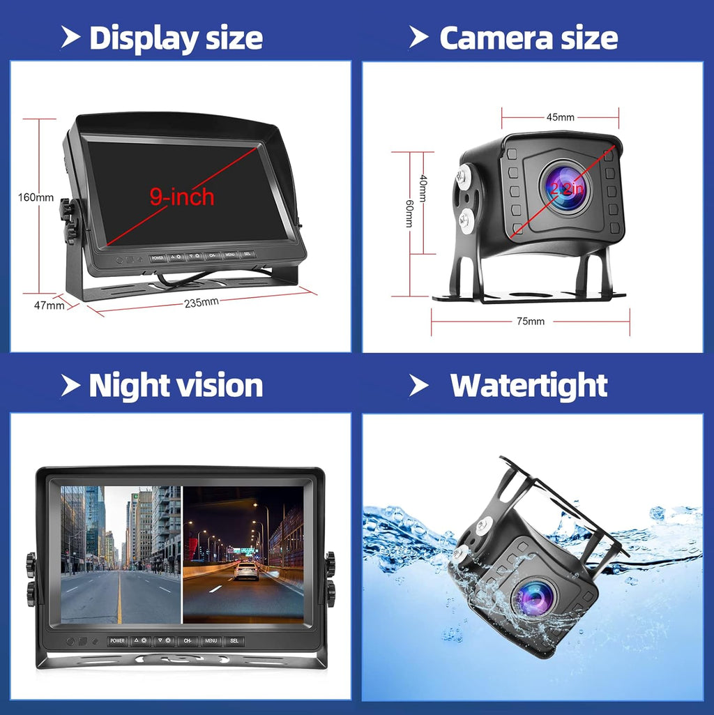 9 Inch HD 1080P Split Screen DVR Monitor Wired Rear View Camera D5055
