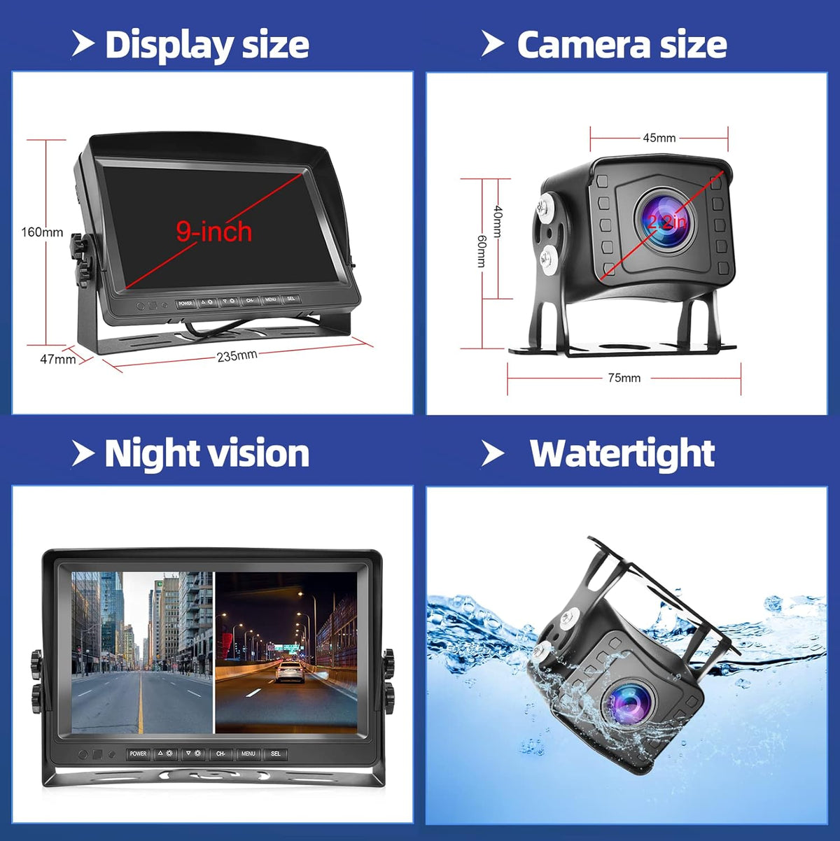 9 Inch HD 1080P Split Screen DVR Monitor Wired Rear View Camera D5055