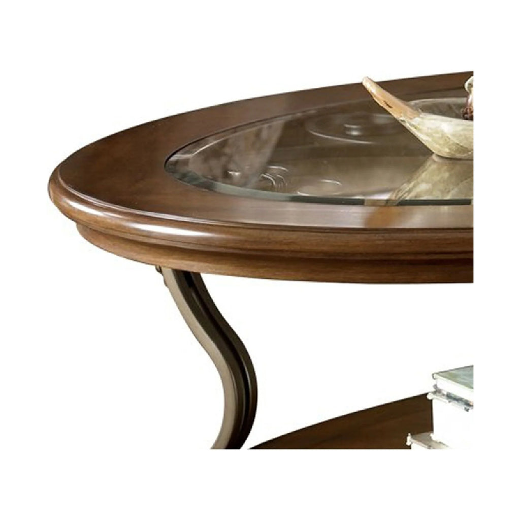 Brown Wooden Oval Cocktail Table with Glass Top N29229