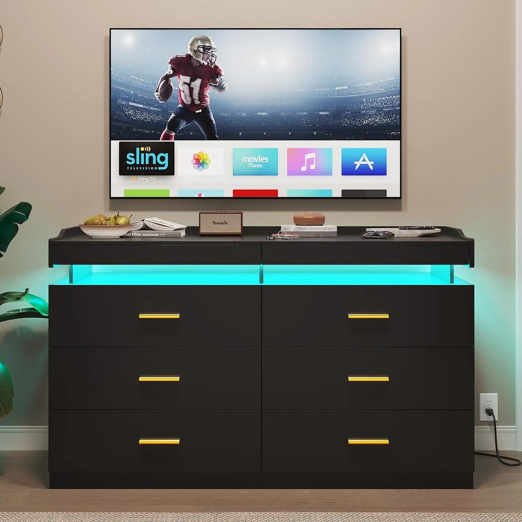 Black 6 Drawer Wood Dresser with 2 Pull-Out Trays E5216