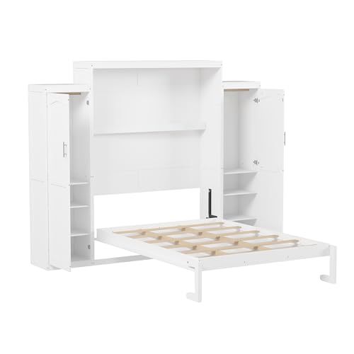 Queen Size White Murphy Bed with Wardrobe and Storage Shelf E909809