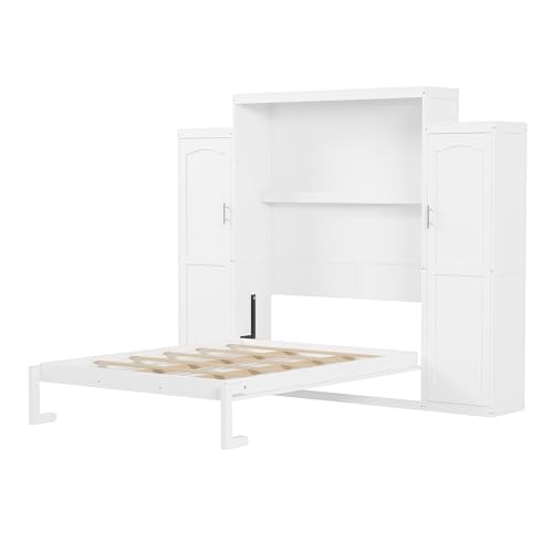Queen Size White Murphy Bed with Wardrobe and Storage Shelf E909809
