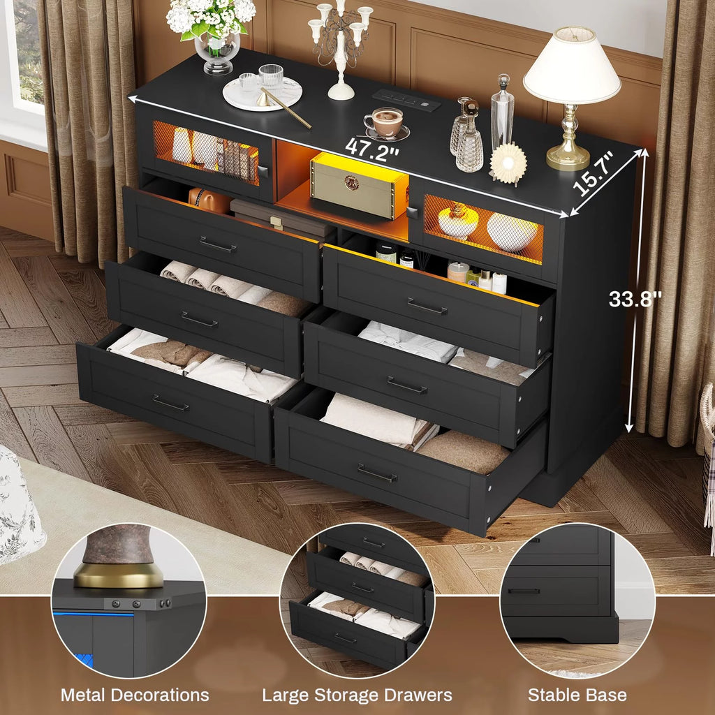 Black 6 Drawer Wood Dresser with 2 Sliding Doors U79508