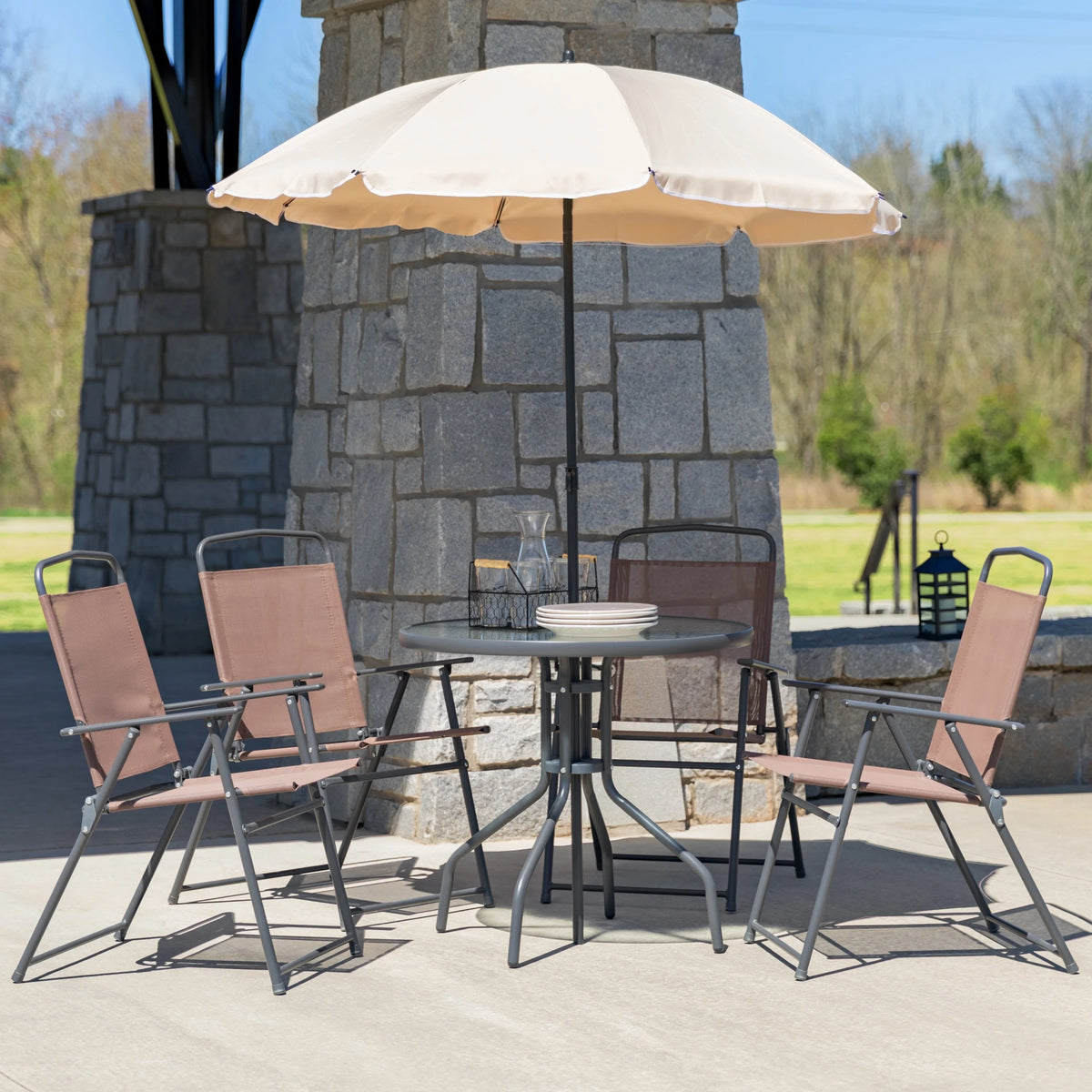 6-Piece Patio Set with Glass Table, Umbrella, and 4 Folding Chairs, Black W5178