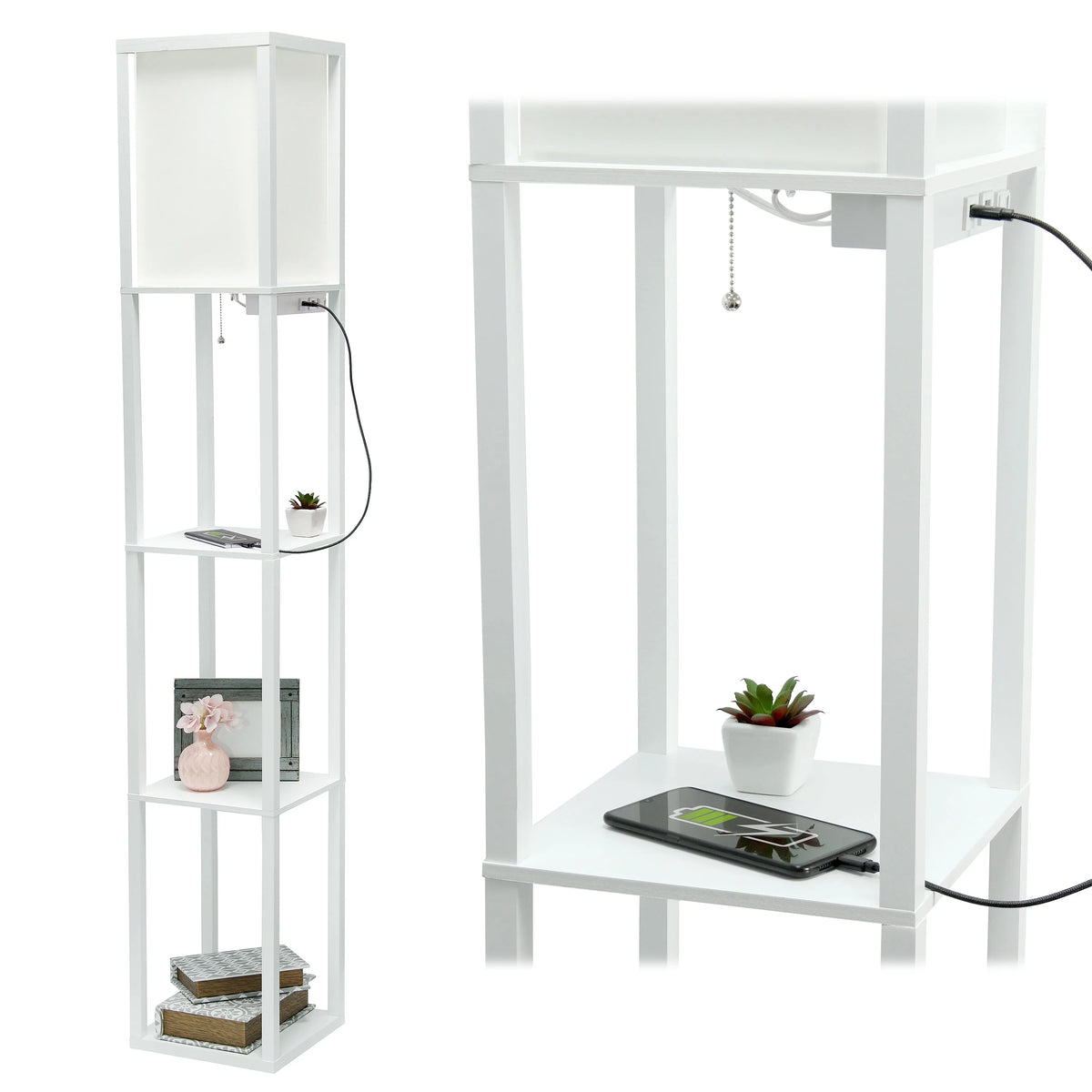 Floor Lamp Etagere Organizer Storage Shelf with USB Charging Ports and Linen Shade A887