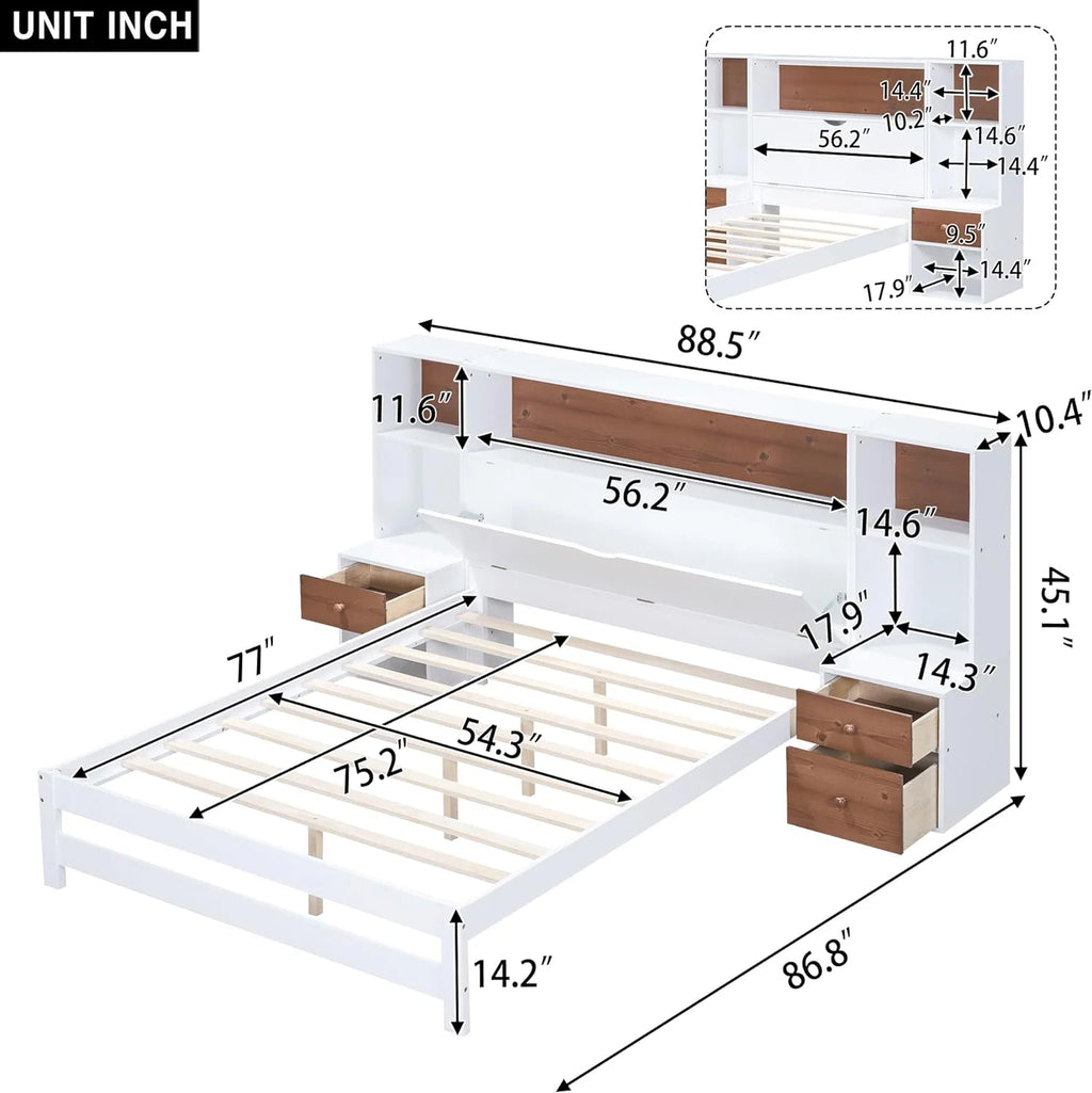 White Full Size Platform Bed with Bookcase Headboard and Storage Drawers J192