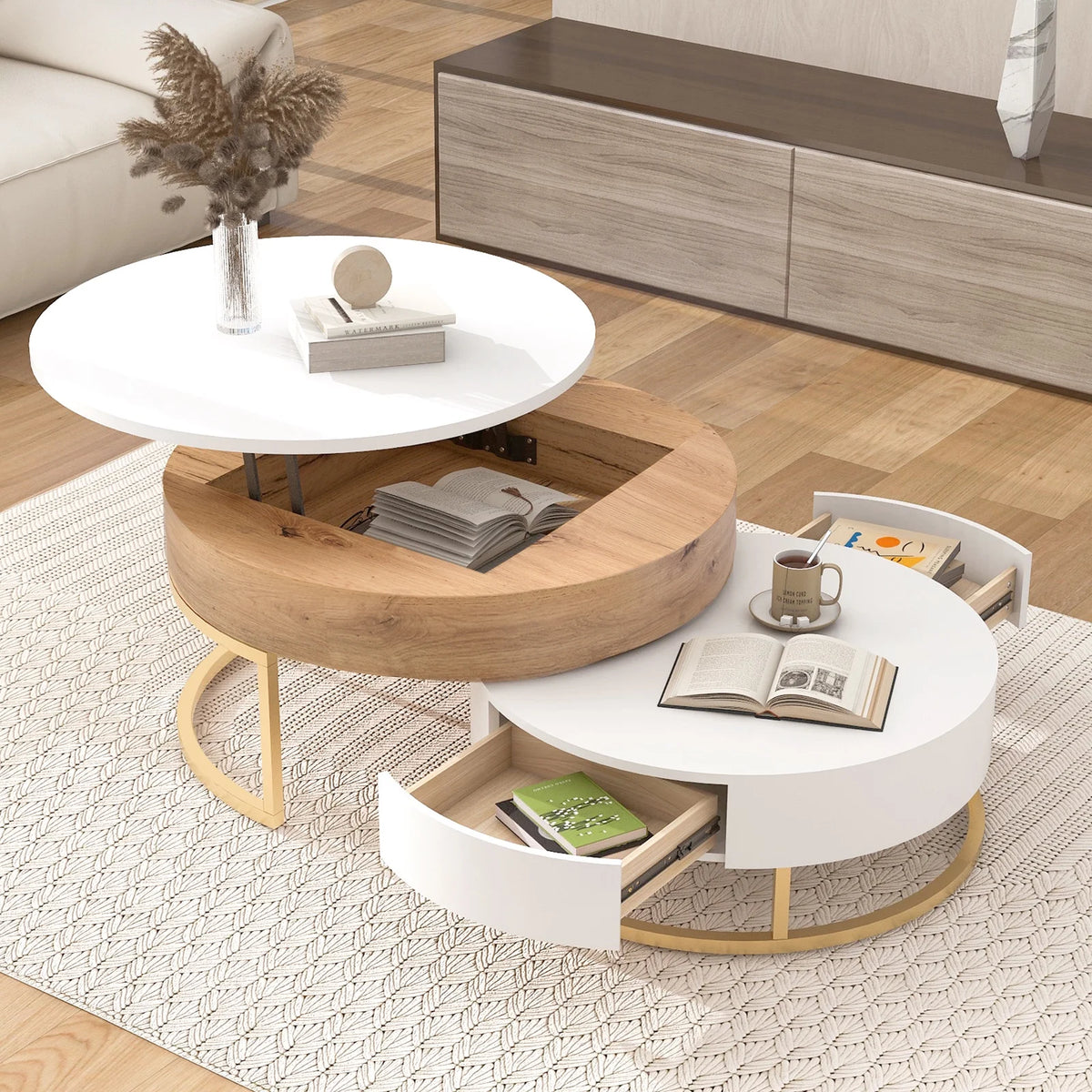 Round Lift-top Nesting Coffee Tables with 2 Drawers S826881