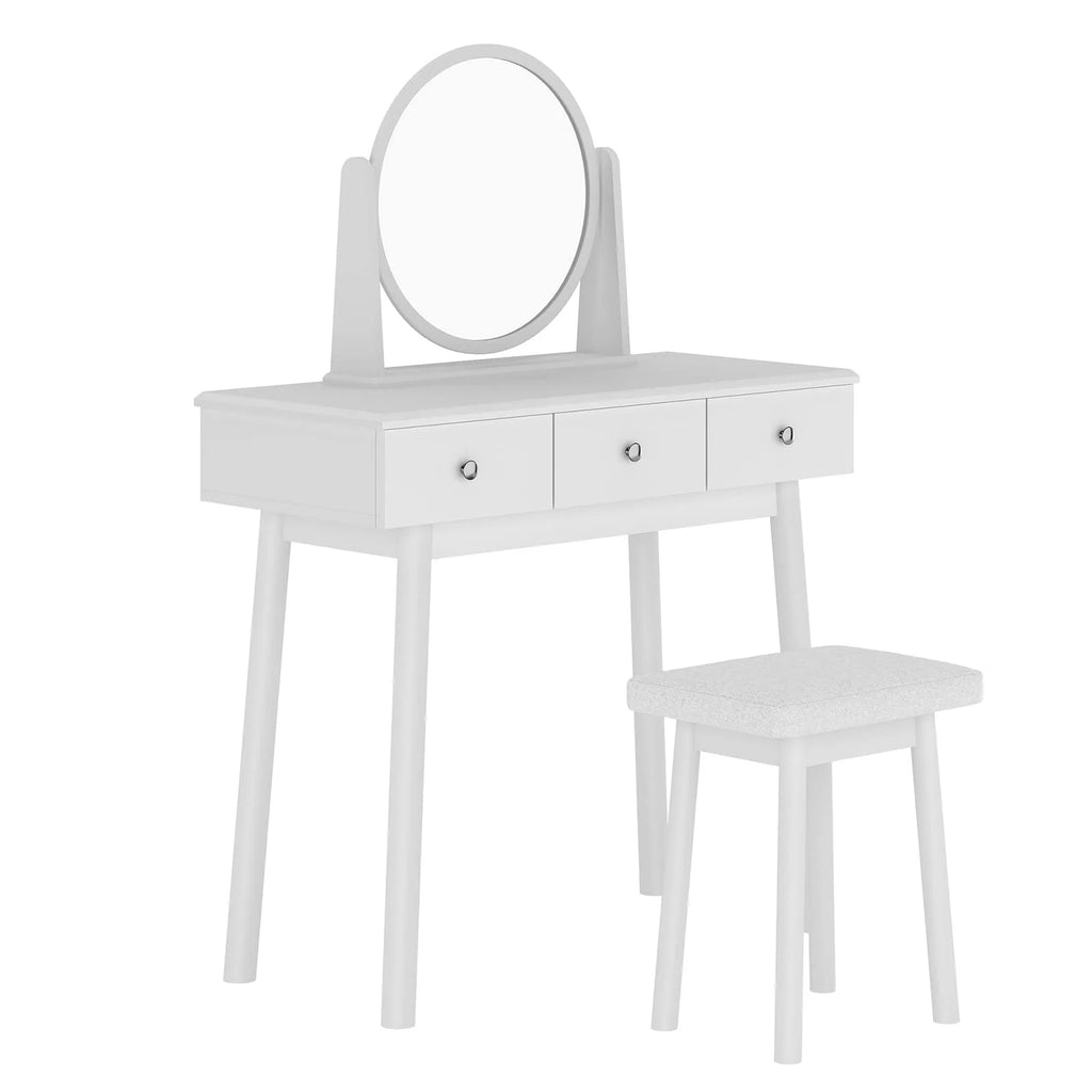 White 3 Drawer Vanity Table Set with Stool and Mirror Q36496