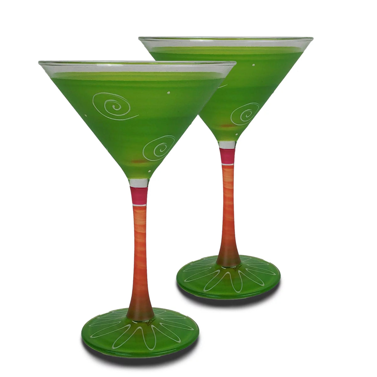 Set of 2 Green and Orange Hand Painted Wine Glasses 7.5 oz N25421