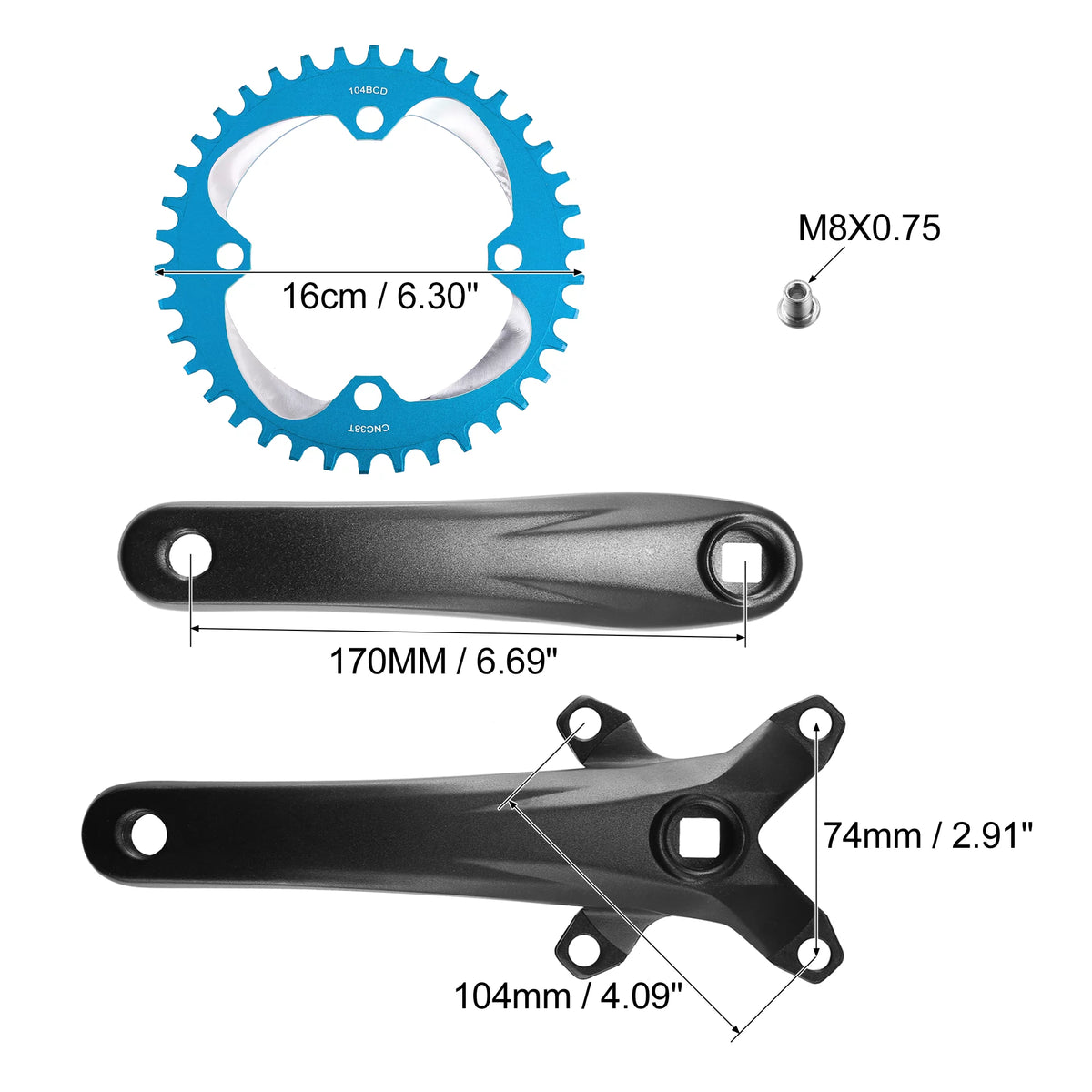 170mm Mountain Bike Square Taper Crankset 104 BCD 38T Blue I94573