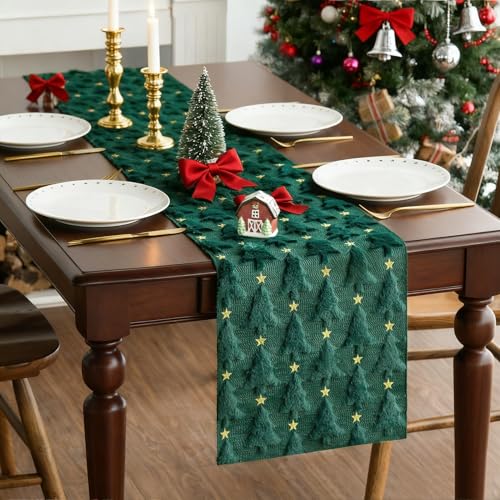Christmas Table Runner Green Soft Plush Faux Fur Jacquard 13x72 Inch O297291