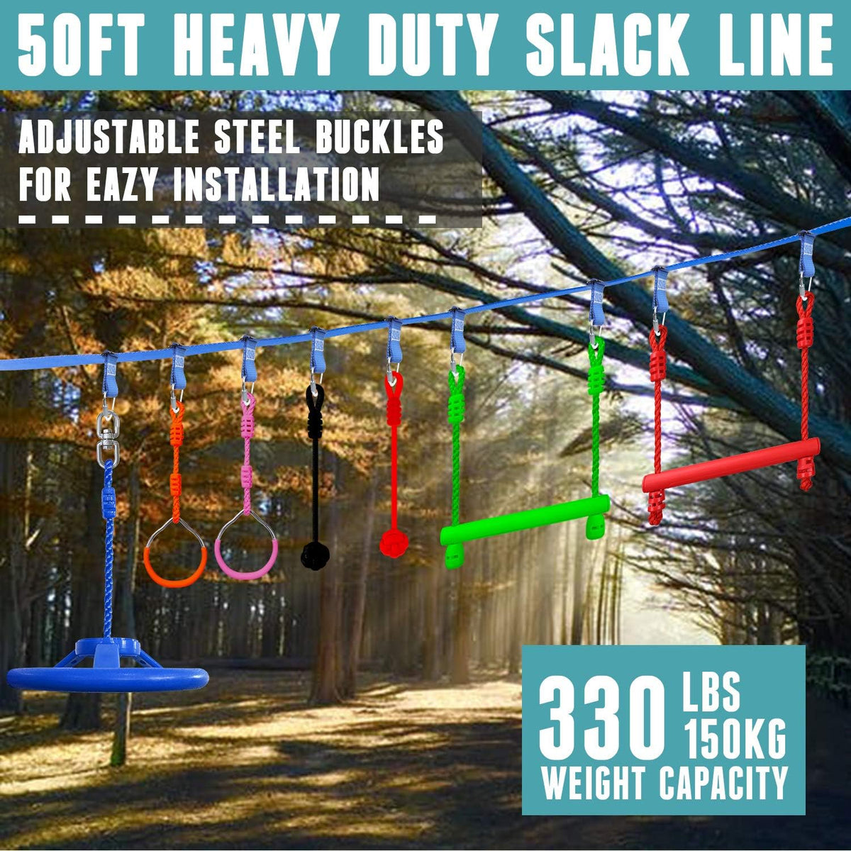 50 Ft Slackline Monkey Bar & Ladder Playset with Carry Bag C80010