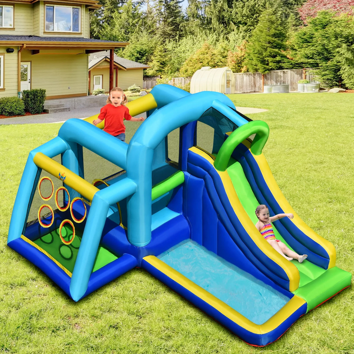 Inflatable Bouncer Climbing Bounce House Kids Slide Park Ball Pit with 550W Blower H339919