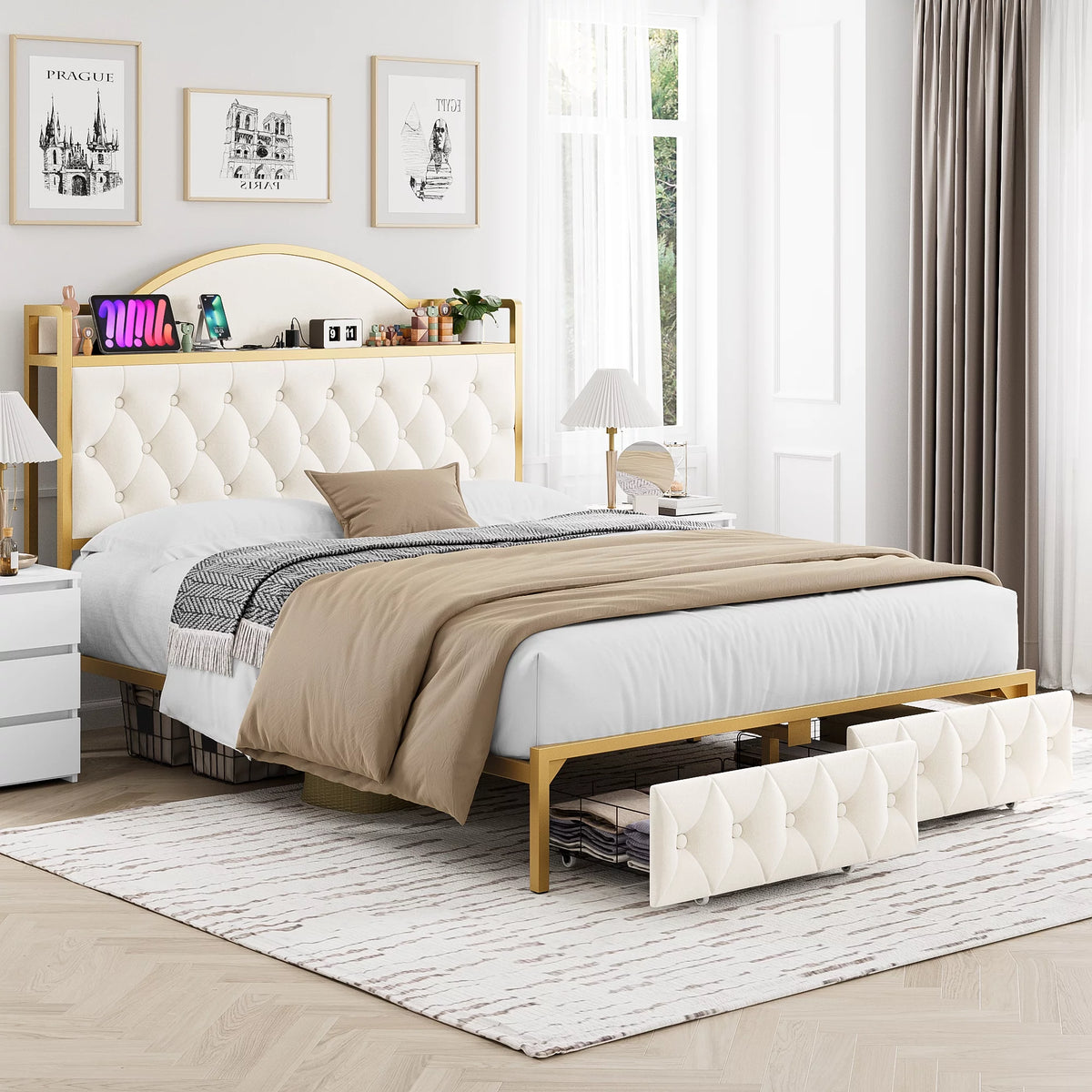 White Queen Size Storage Bed with 2 Drawers R9839
