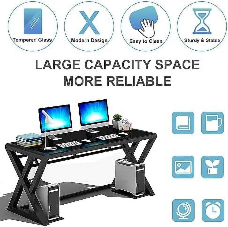 Glass Top X-Frame Metal Computer Desk 55.1 inches L8837