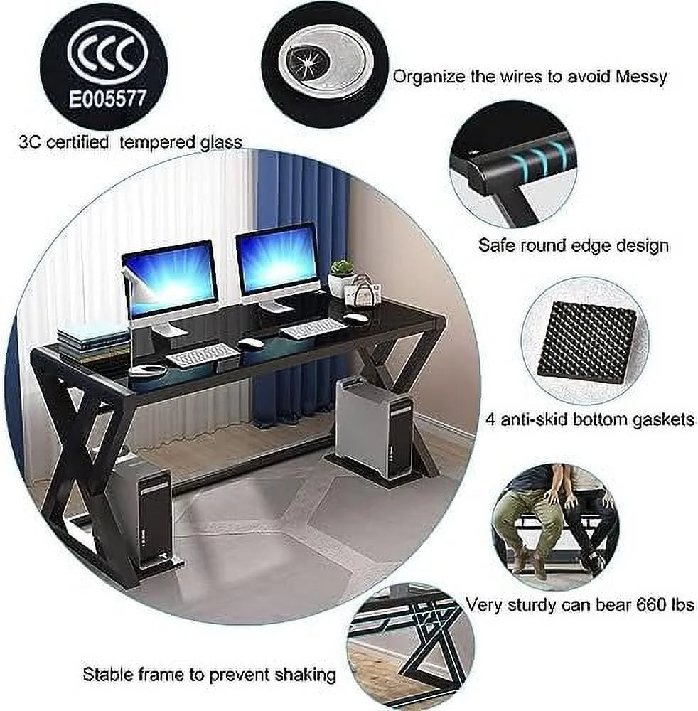 Glass Top X-Frame Metal Computer Desk 55.1 inches L8837