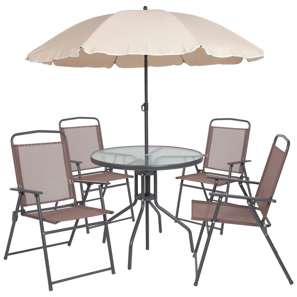6-Piece Patio Set with Glass Table, Umbrella, and 4 Folding Chairs, Black W5178