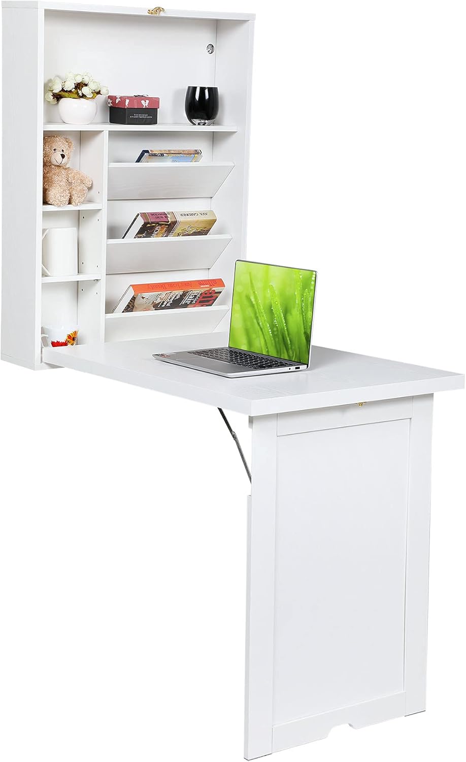 Wall Mounted Desk Fold Down Table Craft Cabinet with Storage Shelves S6585