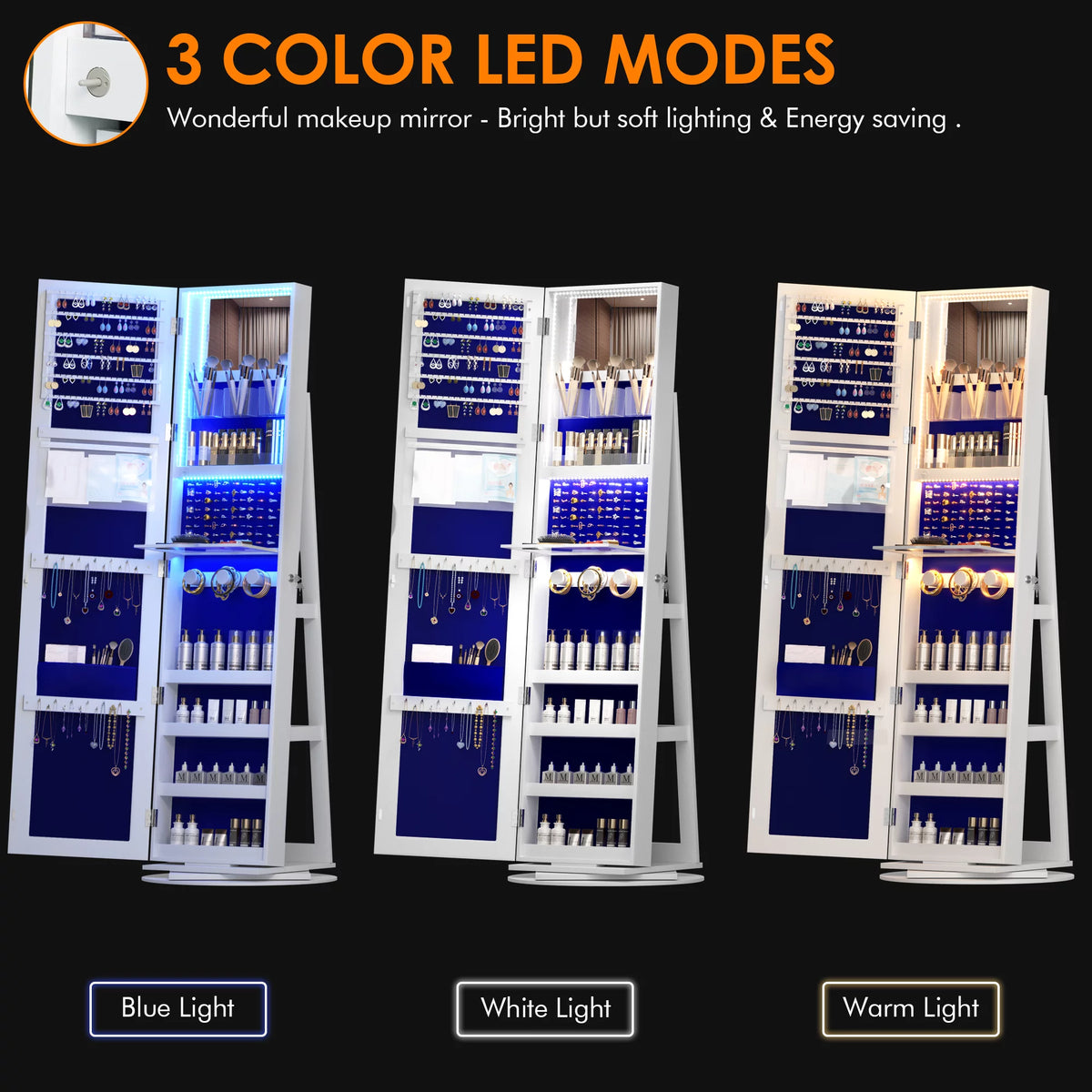 360° Rotating LED Jewelry Armoire with Full Length Mirror D84258