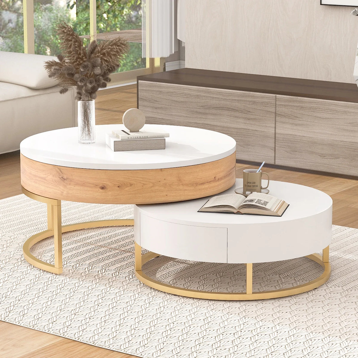 Round Lift-top Nesting Coffee Tables with 2 Drawers S826881