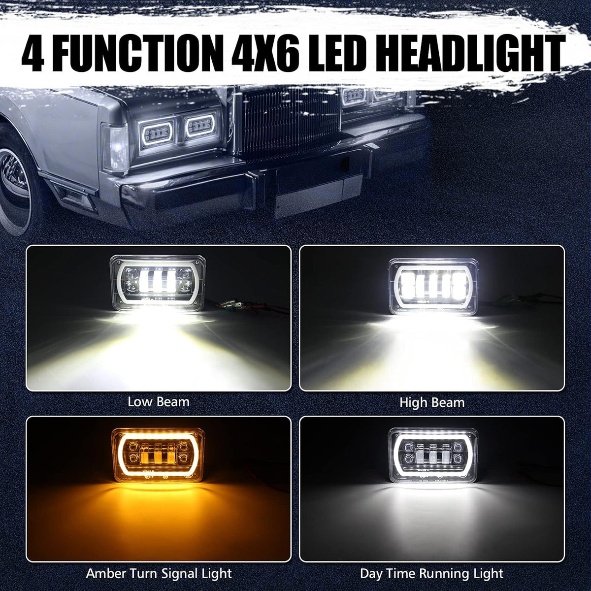 4x6 LED Headlight Halo with White DRL Amber Turn Signal Lights, Pack of 2 F560