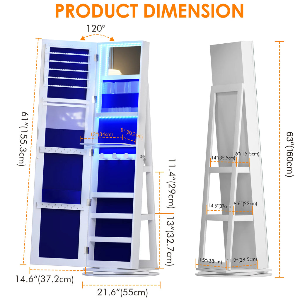 360° Rotating LED Jewelry Armoire with Full Length Mirror D84258