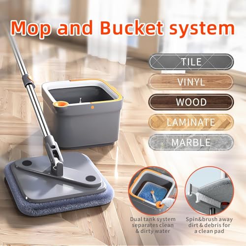 Spin Mop and Bucket Set with 2 Microfiber Mop Pads D8404
