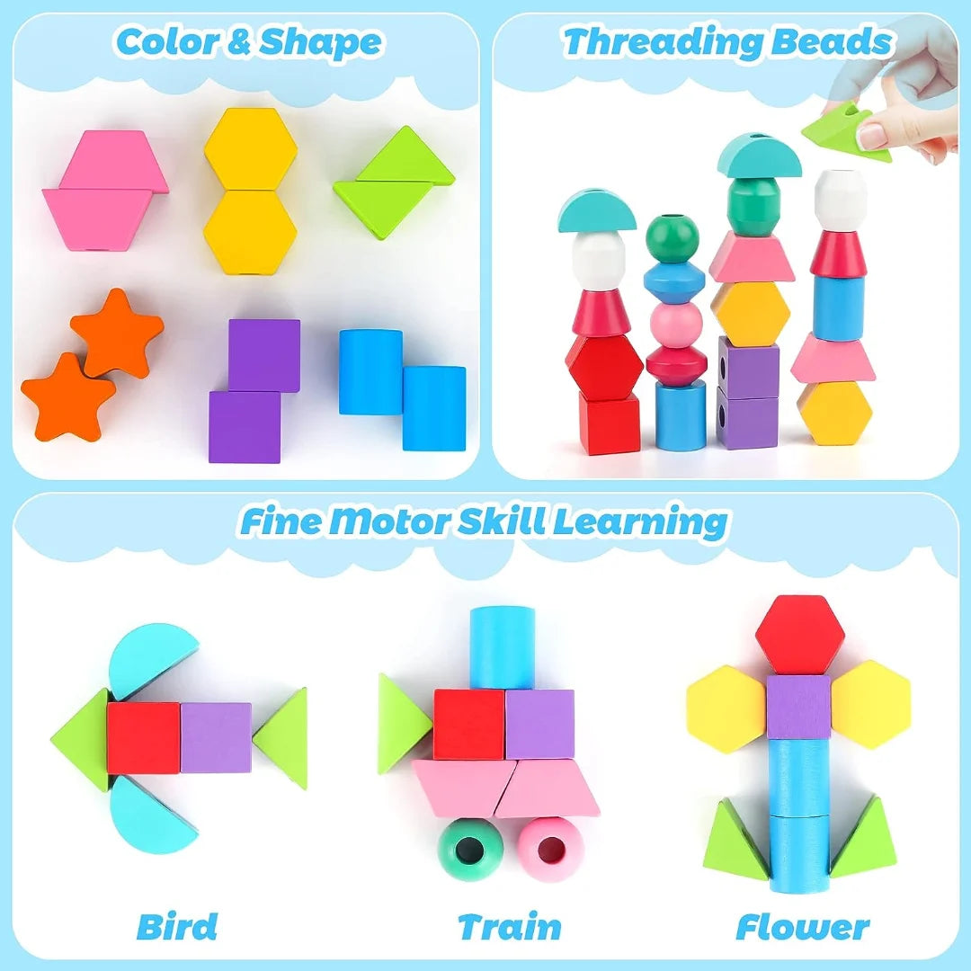 Wooden Bead Sequencing Toy Set Stacking Blocks Lacing Beads Matching Shape Colors Stacker Montessori Toys C2607