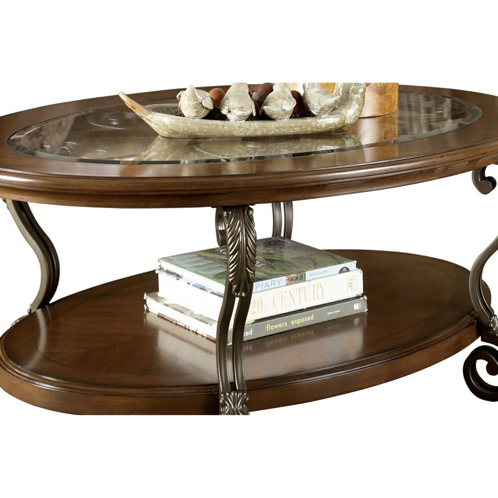 Brown Wooden Oval Cocktail Table with Glass Top N29229