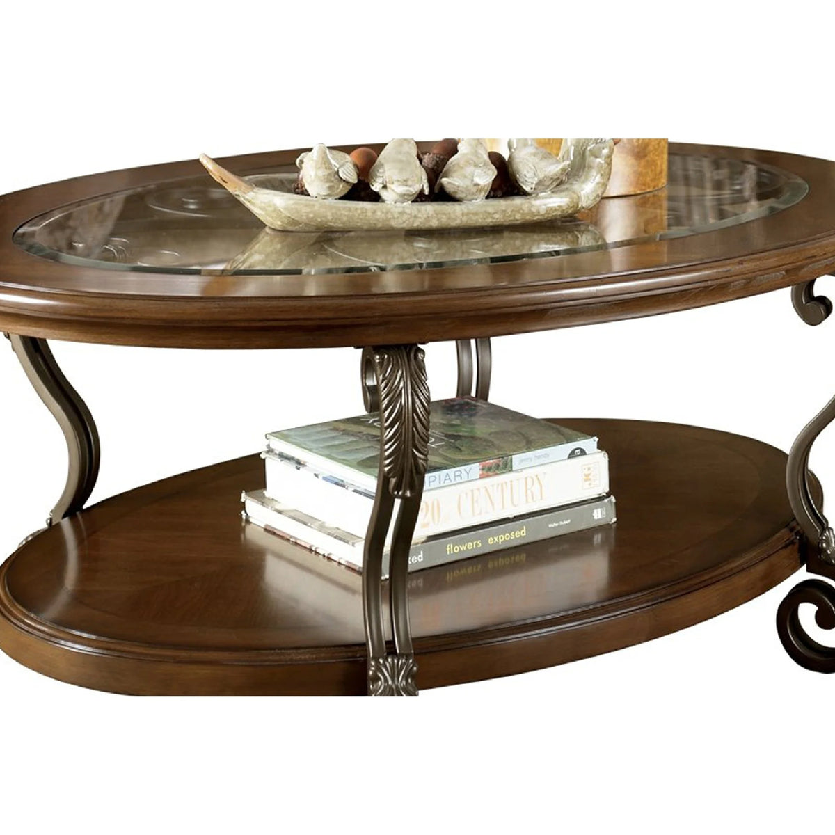 Brown Wooden Oval Cocktail Table with Glass Top N29229