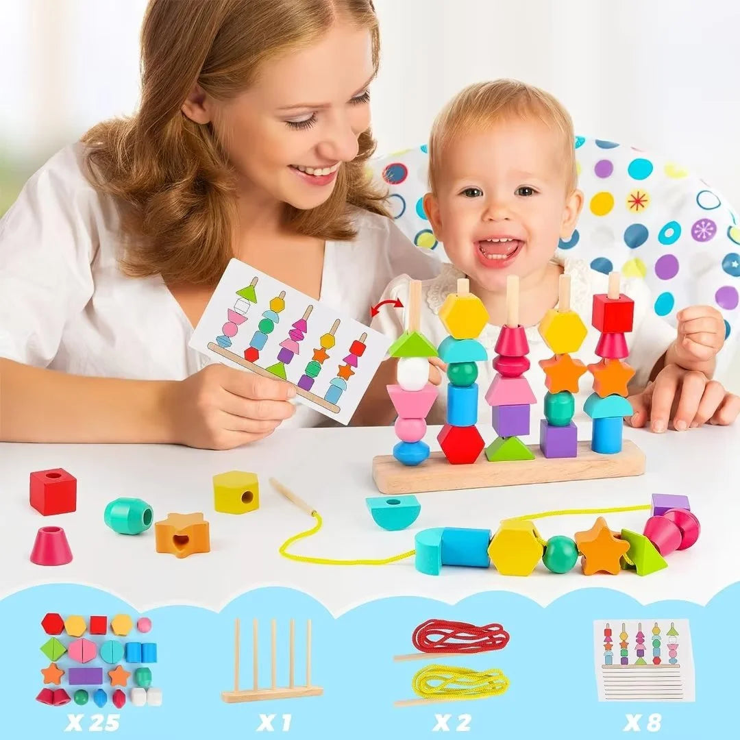 Wooden Bead Sequencing Toy Set Stacking Blocks Lacing Beads Matching Shape Colors Stacker Montessori Toys C2607