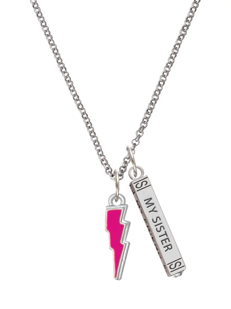 Silvertone Hot Pink Lightning Bolt Sister Bar Charm Necklace, 23" G524