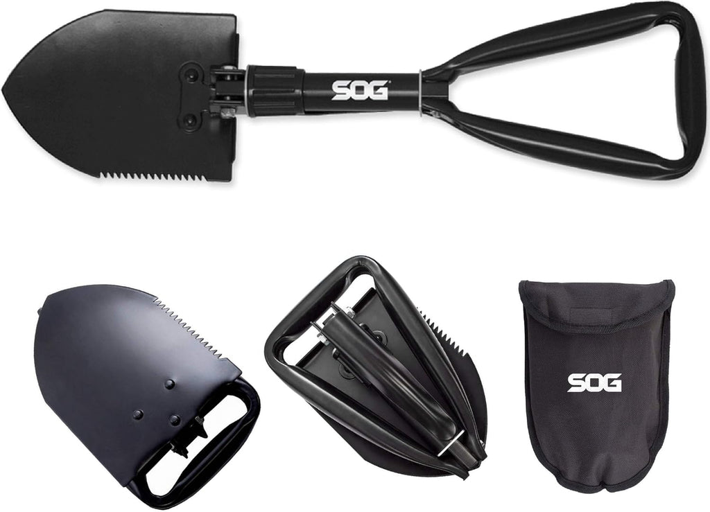 Black Folding Survival Shovel with Wood Saw Edge and Carry Case K8831