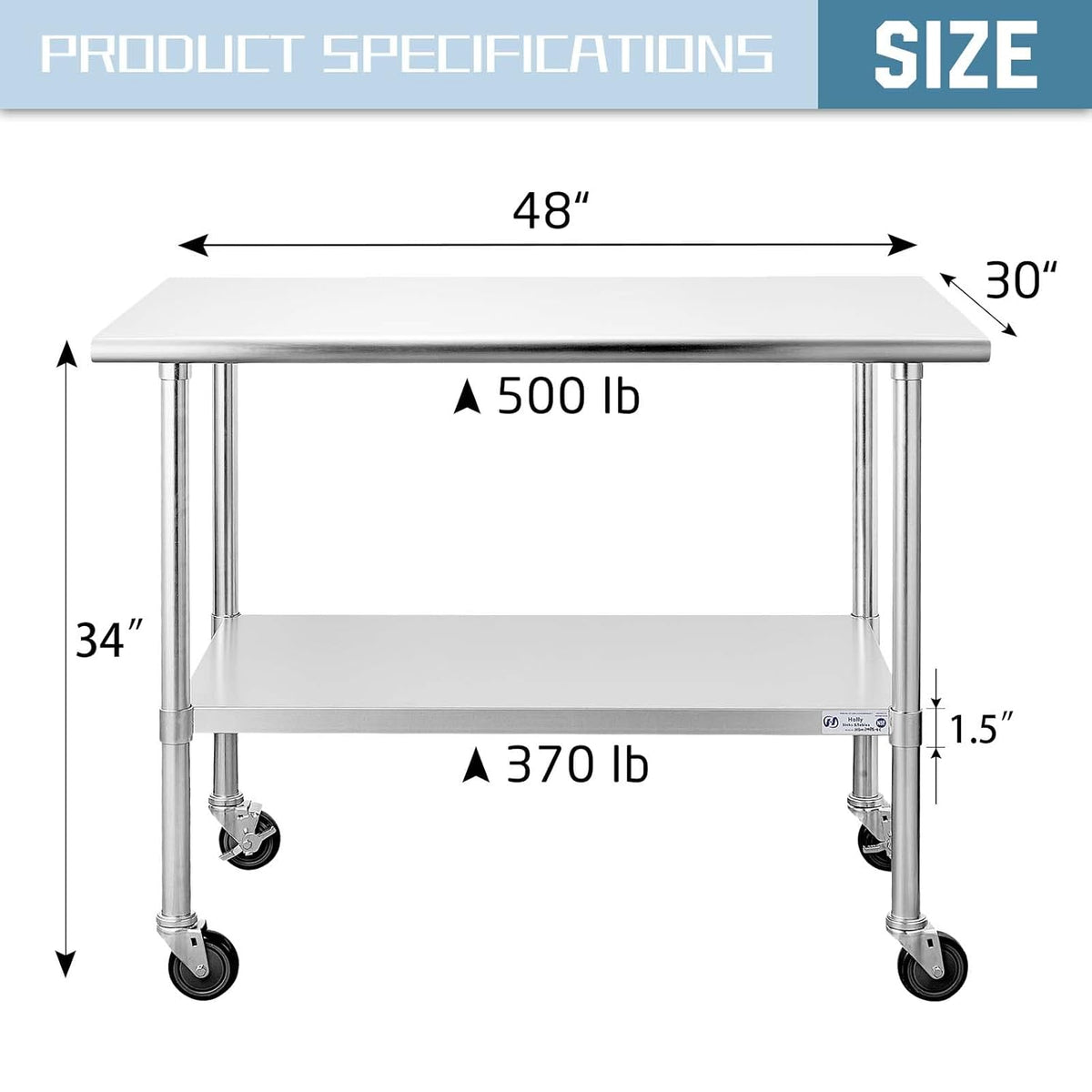 Stainless Steel Table 24 x 48 Inches with Caster Wheels and Undershelf E951