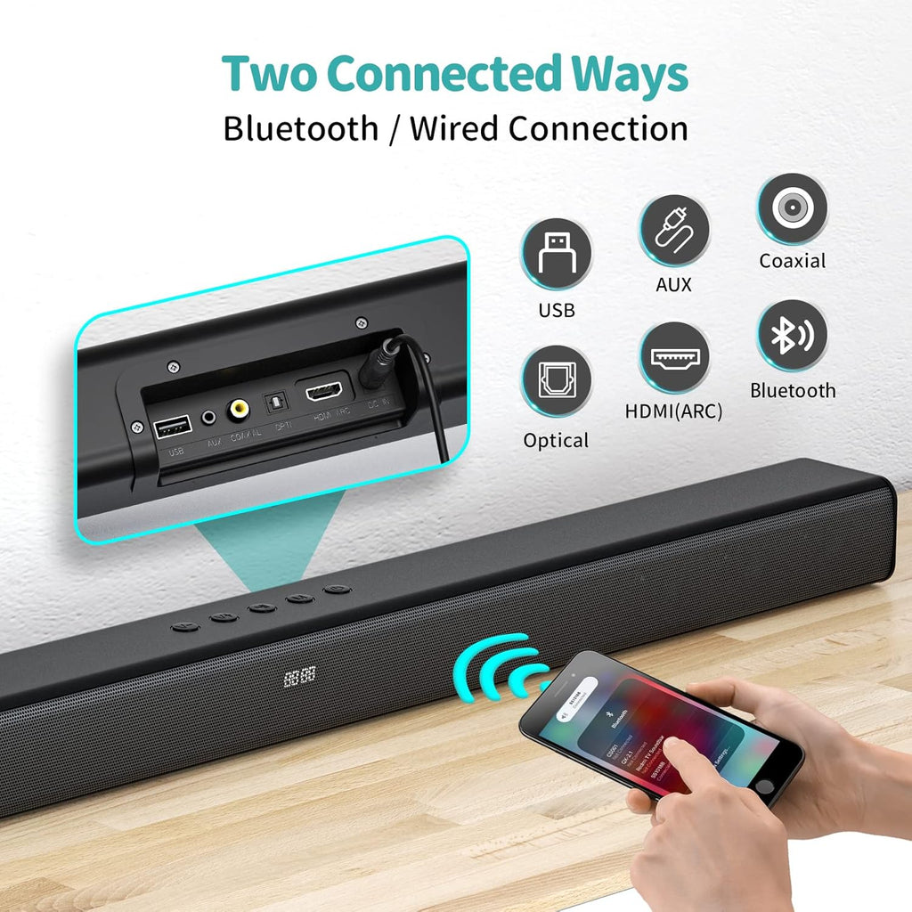 32-Inch Sound Bar with HDMI/Opti/COA/USB/AUX, 5.0 Bluetooth, 3 Modes, Wall Mountable K12119