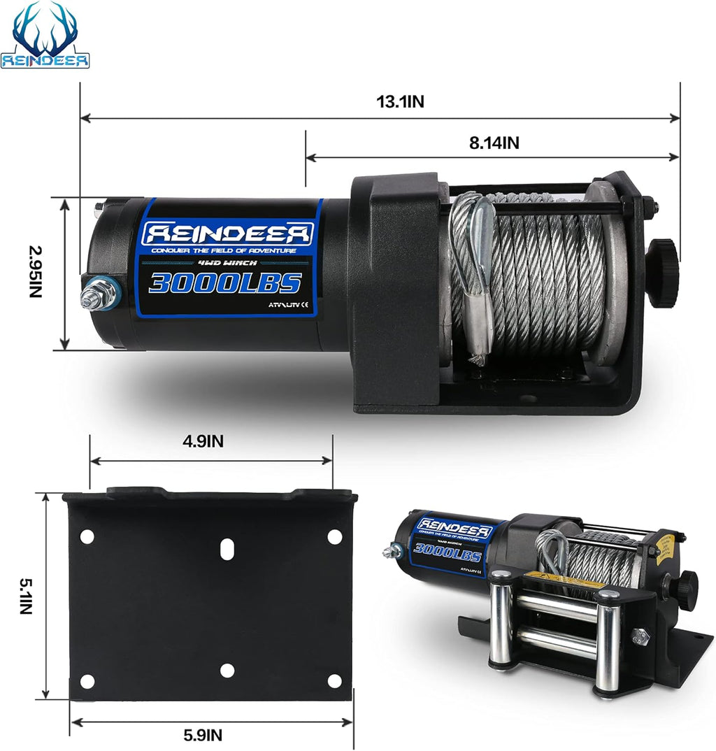 12V 3000 lb Electric Winch Kit with Steel Cable Wire Rope Waterproof IP67 Q7582