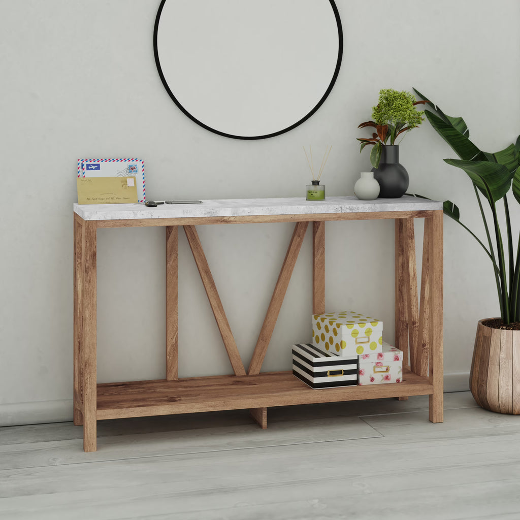 Warm Oak Console Accent Table with Faux Concrete Finished Wood Top X4647